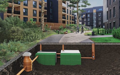 Modern architecture of residential building quarter with stormwater management system