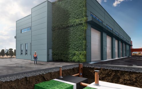 Warehouse with green wall and underground water storage units