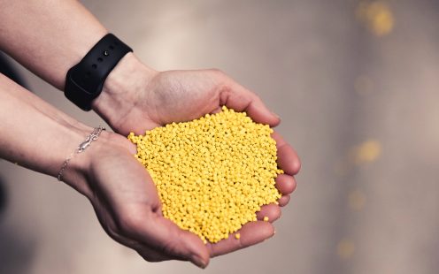 Hands holding raw plastic material in the form of granules